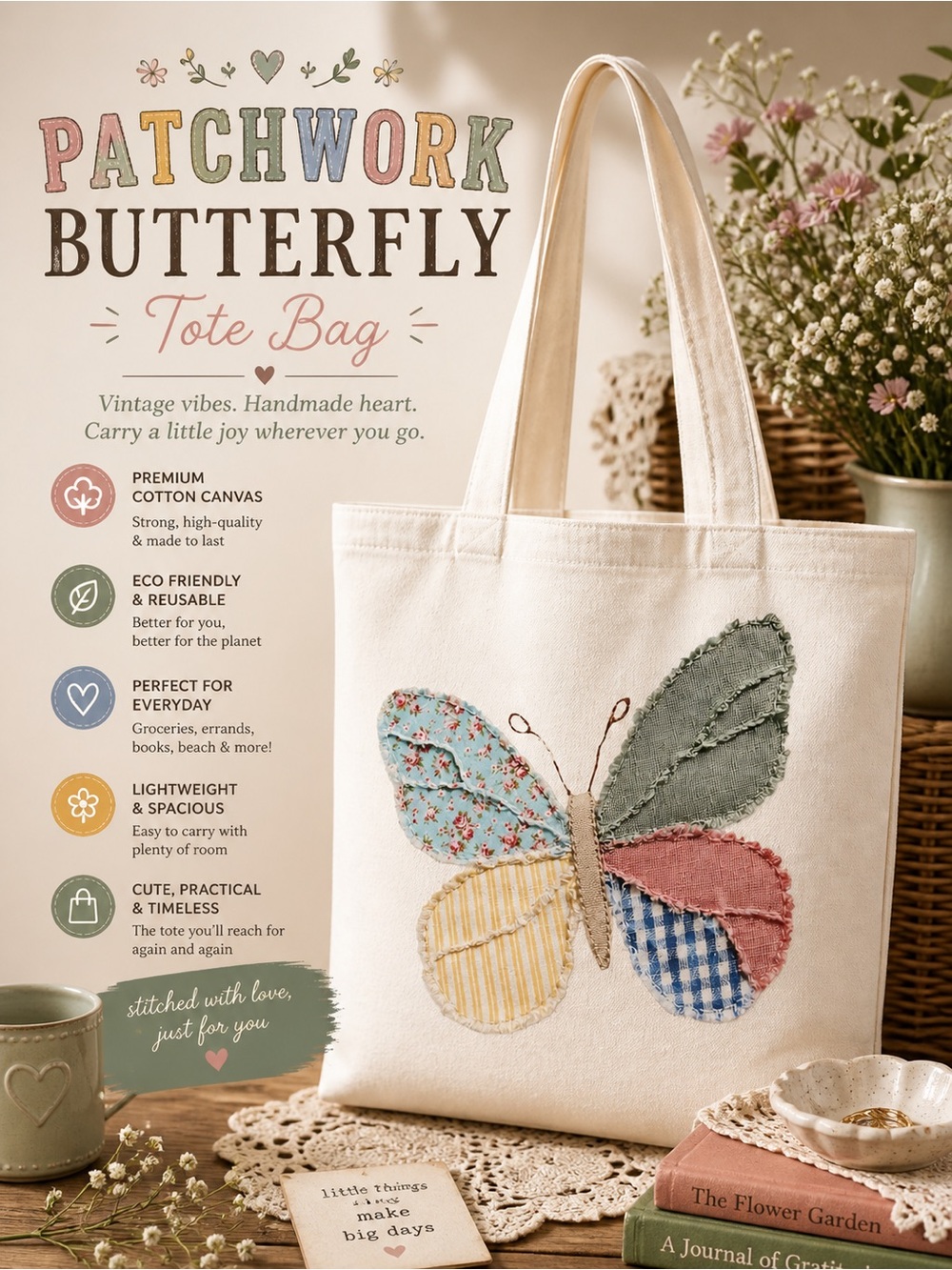 Handmade Canvas Tote Bag with Quilt like Butterfly Graphic - White